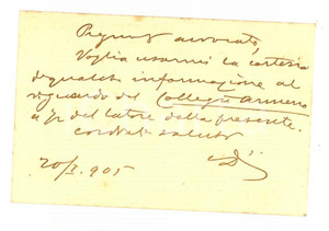 Autografo originale 1905 PADOVA Prof. Pietro D ALVISE Docente universitario  Biglietto AUTOGRAFO 1