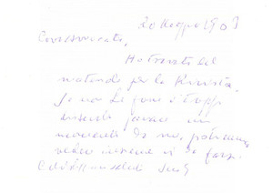 Autografo originale 1963 PADOVA Prof. Luigi GAUDENZIO al lavoro per una rivista Biglietto autografo 1