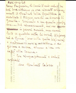 Autografo originale 1949 ASTI Centro Studi Alfieriani  Umberto CALOSSO riceve EINAUDI  AUTOGRAFO 1