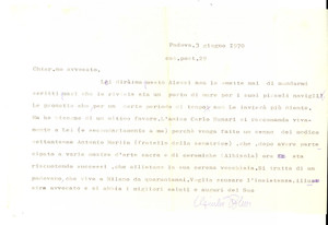 Autografo originale 1970 PADOVA Giulio ALESSI a favore di un anziano pittore Lettera con autografo 1