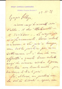 Autografo originale 1921 ROMA Prof. Enrico CARRARA ringrazia per un saggio su Machiavelli Autografo 1