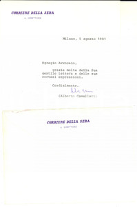 Autografo originale 1981 MILANO CORRIERE DELLA SERA Lettera direttore Alberto CAVALLARI  Autografo 1
