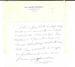 Autografo originale 1969 PADOVA Prof. Galeno CECCARELLI  ringrazia per una recensione  Autografo 1