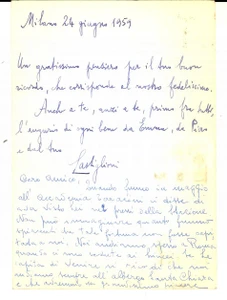 Autografo originale 1959 MILANO Cartolina prof. Luigi CASTIGLIONI  Accademia dei Lincei  Autografo 1