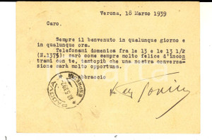 Autografo originale 1939 VERONA Cartolina postale avv. Antonio ALBERTI a un amico  Autografo 1