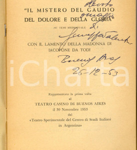 Libro, pubblicazione d epoca 1953 Giuseppe VALENTINI Mistero del Gaudio, del Dolore e della Gloria AUTOGRAFO 1