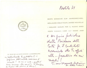 Autografo originale 1971 LUSSEMBURGO Biglietto di Natale prof. Alberto TRABUCCHI Autografo 1