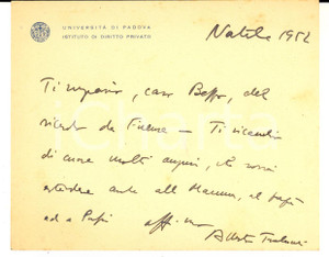 Autografo originale 1952 UniversitÃ  di PADOVA Biglietto di Natale prof. Alberto TRABUCCHI Autografo 1