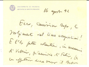 Autografo originale 1972 UniversitÃ  di PADOVA Biglietto Alberto TRABUCCHI per tema svolto Autografo 1