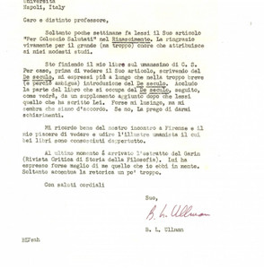 Autografo originale 1961 NORTH CAROLINA Berthold Louis ULLMAN a un collega umanista  Autografo 1