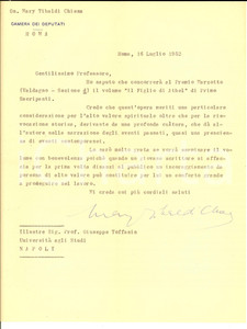 Manoscritto, lettera originale 1952 ROMA Mary TIBALDI CHIESA raccomanda l opera di Primo SACRIPANTI  Autografo 1