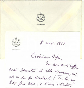 Autografo originale 1967 LUSSEMBURGO Biglietto ringraziamento prof. Alberto TRABUCCHI  Autografo 1