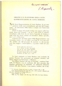 Libro, pubblicazione d epoca 1955 Emanuele RAPISARDA Origene e il platonismo  Santa Barbara Invio AUTOGRAFO 1