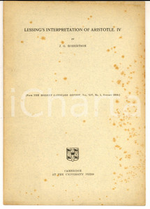 Libro, pubblicazione d epoca 1919 J. G. ROBERTSON Lessing s Interpretation of Aristotle, IV Estratto 1