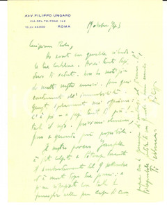 Autografo originale 1943 ROMA Avv. Filippo UNGARO su un collega vittima di bombardamento  AUTOGRAFO 1