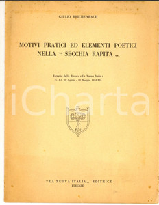 Libro, pubblicazione d epoca 1934 Giulio REICHENBACH Motivi pratici nella Secchia rapita  Invio AUTOGRAFO 1