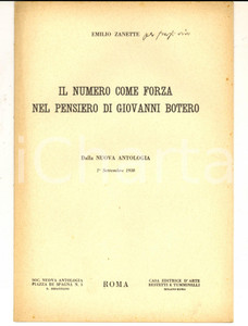 Libro, pubblicazione d epoca 1930 Emilio ZANETTE Il numero nel pensiero di Giovanni Botero  AUTOGRAFO 1
