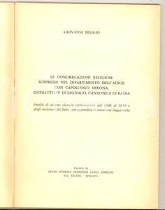 Libro, pubblicazione d epoca 1970 Giovanni BEGGIO Le congregazioni religiose soppresse nel Dipartimento Adige 1