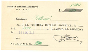 Autografo originale 1940 CICLISMO MILANO Ricevuta Fabio BATTESINI ingaggio VIGORELLI  AUTOGRAFO 1