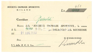 Autografo originale 1940 CICLISMO MILANO Ricevuta Pietro RIMOLDI ingaggio VIGORELLI AUTOGRAFO 1