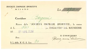 Autografo originale 1940 CICLISMO MILANO Ricevuta Primo BERGOMI per ingaggio VIGORELLI  AUTOGRAFO 1