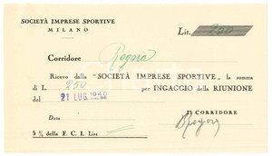 Autografo originale 1940 CICLISMO MILANO Ricevuta Bernardo ROGORA ingaggio VIGORELLI AUTOGRAFO 1