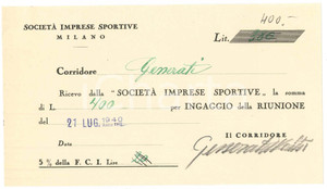 Autografo originale 1940 CICLISMO MILANO Ricevuta Walter GENERATI ingaggio VIGORELLI AUTOGRAFO 1