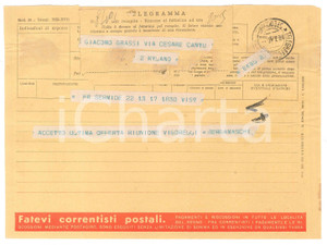 Documento originale, autentico 1940 CICLISMO  SERMIDE  Telegramma Vasco BERGAMASCHI per conferma gara 1