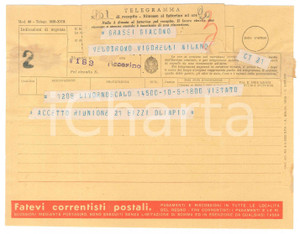 Documento originale, autentico 1940 CICLISMO  LIVORNO  Telegramma Olimpio BIZZI per conferma di gara 1