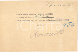 Autografo originale 1938 CICLISMO MILANO  Ricevuta Carlo ROMANATTI per corsa AUTOGRAFO 1