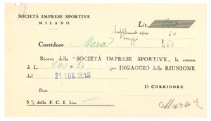 Autografo originale 1940 CICLISMO MILANO  Ricevuta Enrico MARA per corsa AUTOGRAFO 1