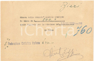 Autografo originale 1938 CICLISMO MILANO  Ricevuta Olimpio BIZZI per corsa  AUTOGRAFO 1