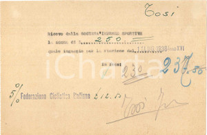 Autografo originale 1938 CICLISMO MILANO  Ricevuta Angelo TOSI per corsa  AUTOGRAFO 1