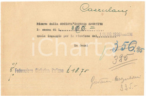 Autografo originale 1938 CICLISMO MILANO Ricevuta Giovanni CAZZULANI ingaggio VIGORELLI  AUTOGRAFO 1