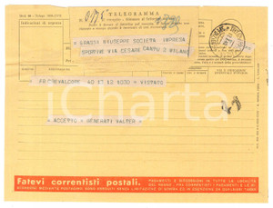 Documento originale, autentico 1940 CICLISMO  CREVALCORE  Telegramma Walter GENERATI per una gara 1