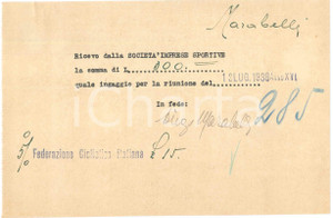 Autografo originale 1938 CICLISMO Milano Vigorelli  Ricevuta Diego MARABELLI per corsa  AUTOGRAFO 1