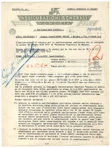 Documento originale, autentico 1938 ASSICURAZIONI GENERALI VENEZIA Polizza per gara CICLISMO Vigorelli MILANO 1