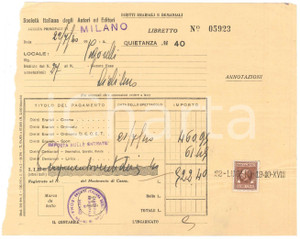 Documento originale, autentico 1940 MILANO  VIGORELLI Quietanza SIAE per eventi CICLISMO  21x17 cm 1 1