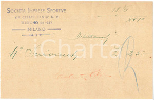Autografo originale 1938 CICLISMO MILANO Ricevuta Vittorio SCRIVANTI per ingaggio  AUTOGRAFO 1