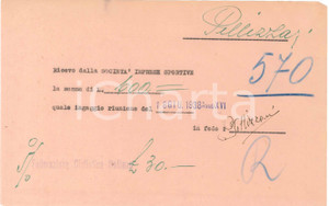 Autografo originale 1938 CICLISMO MILANO Ricevuta Bruno PELLIZZARI per ingaggio  AUTOGRAFO 1