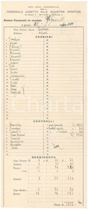Documento originale, autentico 1938 MILANO VIGORELLI Cooperativa personale industrie sportive Foglio presenze 1