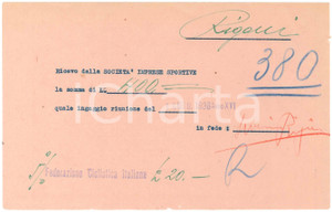 Autografo originale 1938 CICLISMO MILANO Ricevuta Severino RIGONI per ingaggio Vigorelli  AUTOGRAFO 1