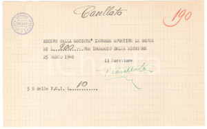 Autografo originale 1940 CICLISMO Milano Vigorelli  Ricevuta Tolmino CASELLATO per corsa AUTOGRAFO 1