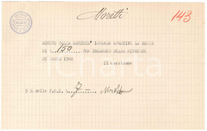 Autografo originale 1940 CICLISMO Milano Vigorelli  Ricevuta Carlo MORETTI per corsa AUTOGRAFO 1