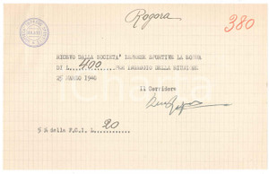 Autografo originale 1940 CICLISMO Milano Vigorelli  Ricevuta Bernardo ROGORA per corsa AUTOGRAFO 1