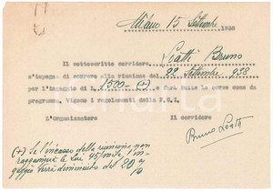 Autografo originale 1938 CICLISMO MILANO Ricevuta Bruno LOATTI  Gara VIGORELLI AUTOGRAFO 1