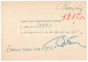 Autografo originale 1938 CICLISMO MILANO Ricevuta Fabio BATTESINI  Gara VIGORELLI AUTOGRAFO 1