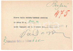 Autografo originale 1938 CICLISMO MILANO Ricevuta Nino BORSARI per ingaggio VIGORELLI AUTOGRAFO 1