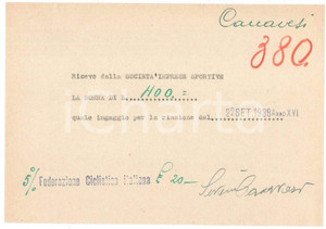 Autografo originale 1938 CICLISMO MILANO Ricevuta Severino CANAVESI per ingaggio VIGORELLI AUTOGRAFO 1