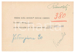 Autografo originale 1938 CICLISMO MILANO Ricevuta Pietro RIMOLDI per ingaggio VIGORELLI AUTOGRAFO 1